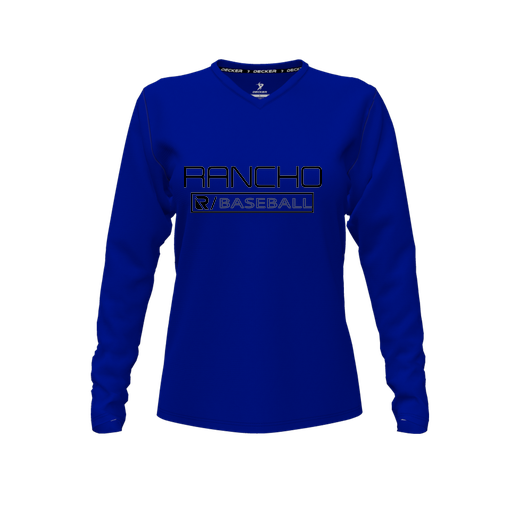 [CUS-DFW-TEES-CMF-VNK-LSL-RYL-FYXS-LOGO1] Decker Comfort T-Shirt (Female Youth XS, Royal, V Neck, Logo 1, Long Sleeve)